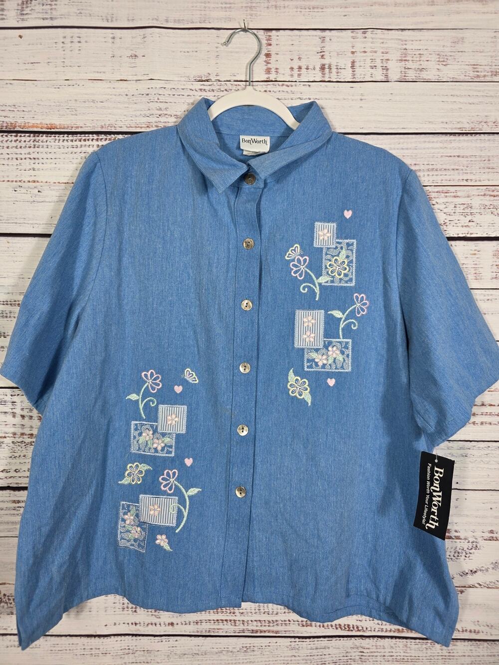 VTG Denim BonWorth Grannycore Embroidered Floral Blouse Size XL